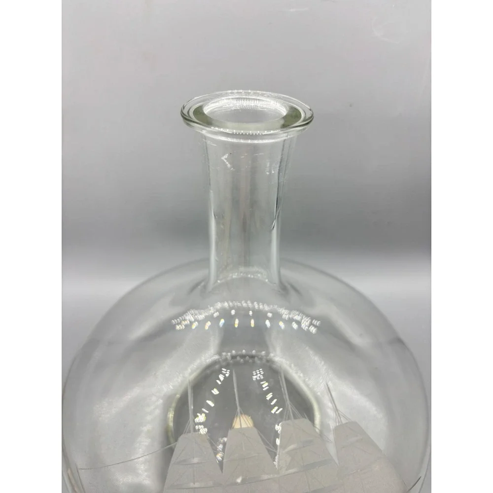 Vintage Etched Glass Ship Decanter Nautical Sailing Vessel with Ball Stopper